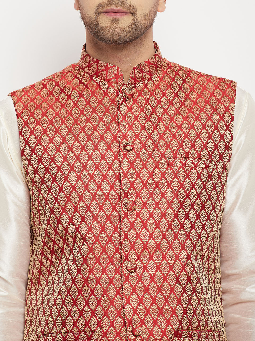 Men's Maroon Silk Blend Jacket With Kurta Pant Set
