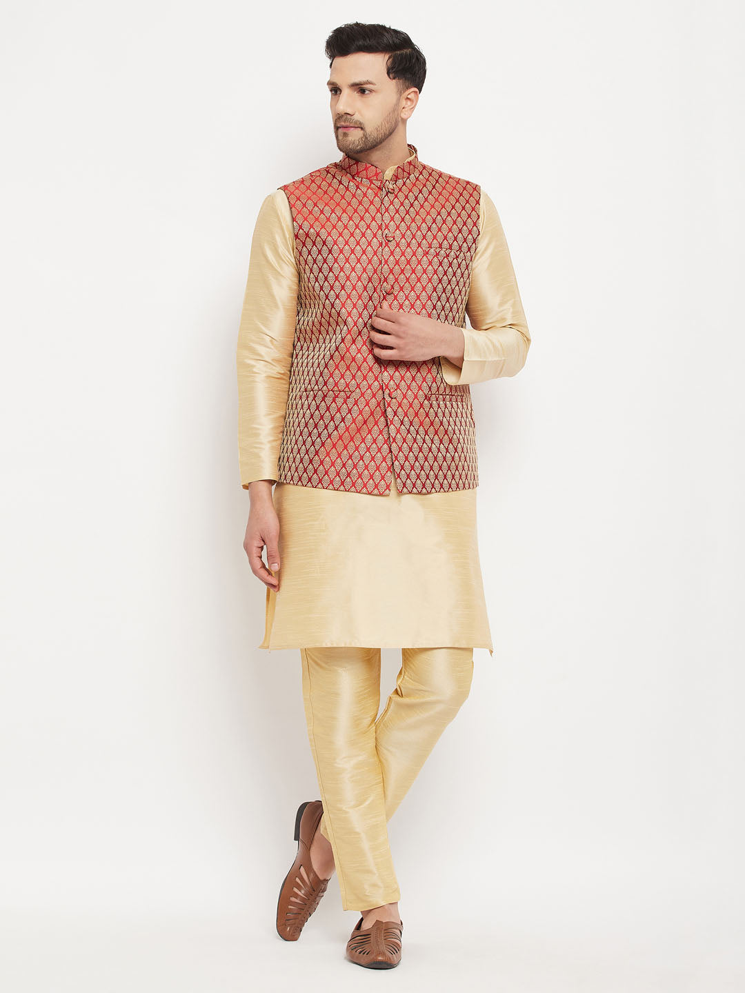 Men's Maroon Silk Blend Jacket With Kurta Pant Set