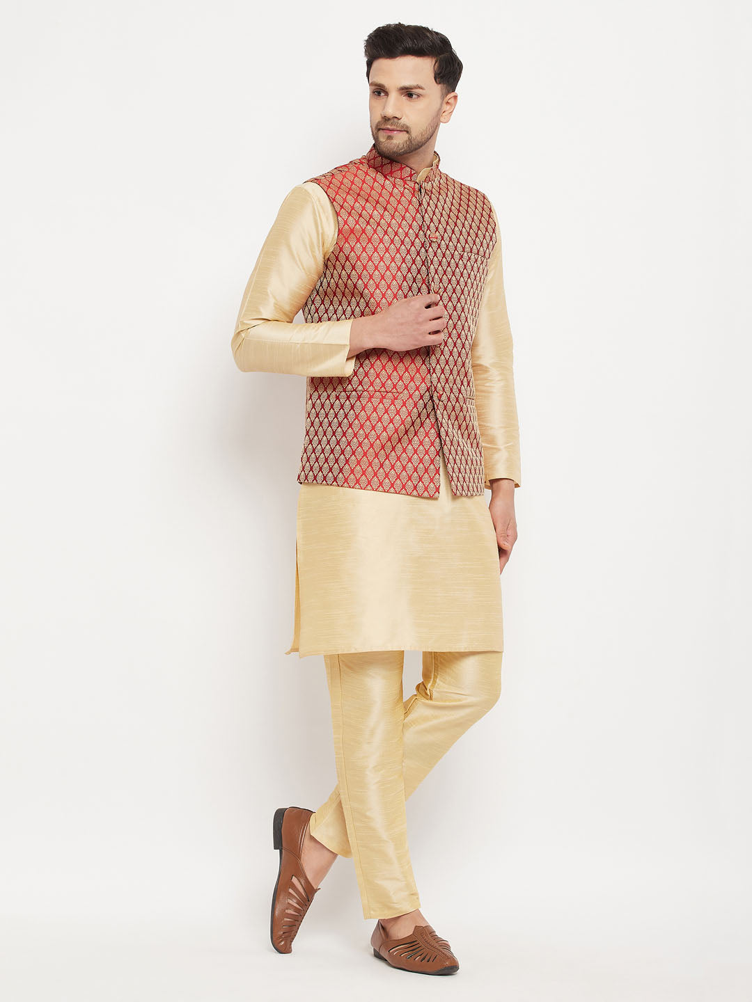 Men's Maroon Silk Blend Jacket With Kurta Pant Set