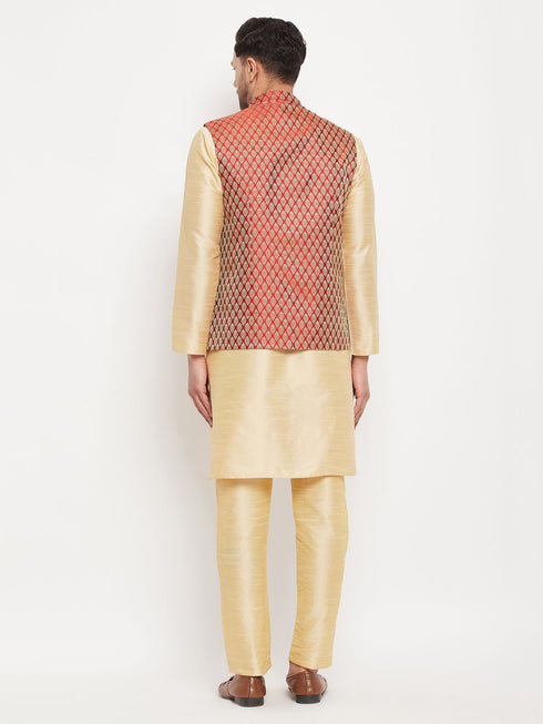 Men's Maroon Silk Blend Jacket With Kurta Pant Set