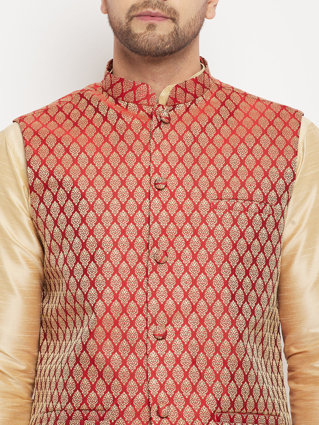 Men's Maroon Silk Blend Jacket With Kurta Pant Set