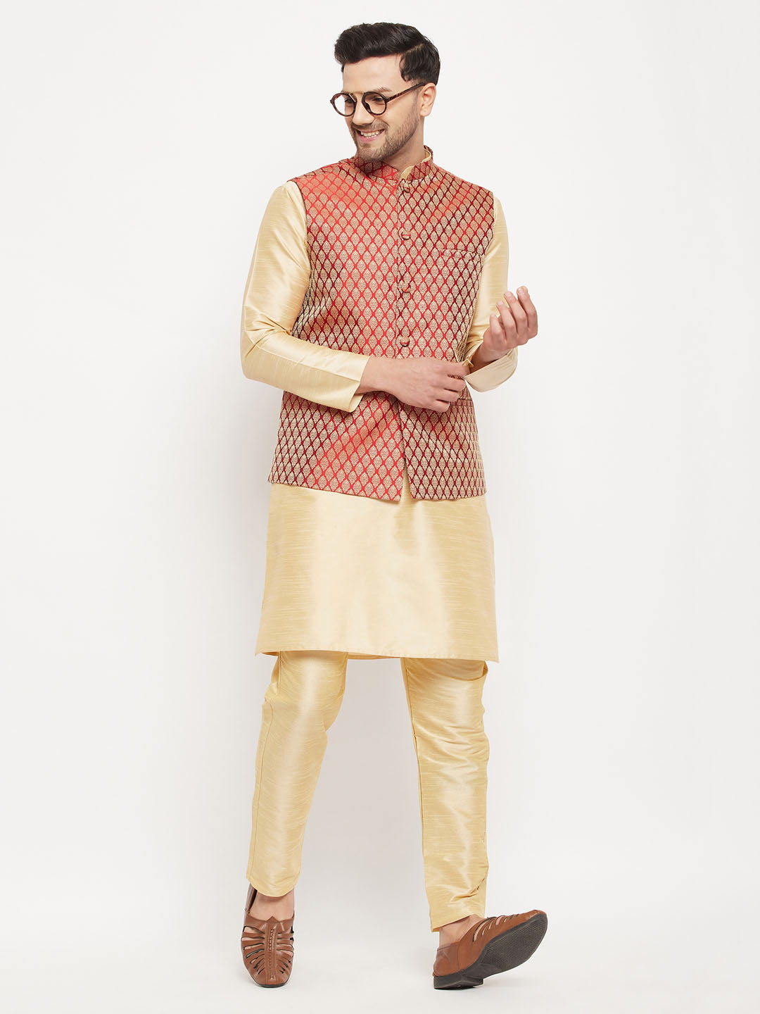 Men's Maroon Silk Blend Jacket With Kurta Pant Set