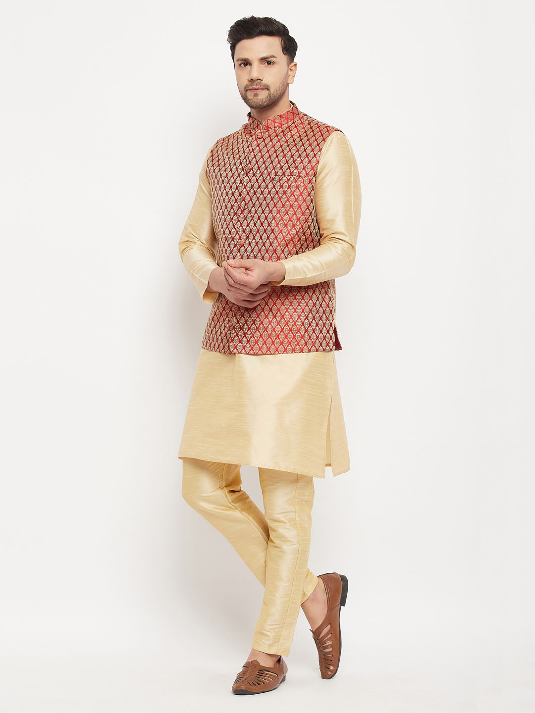 Men's Maroon Silk Blend Jacket With Kurta Pant Set