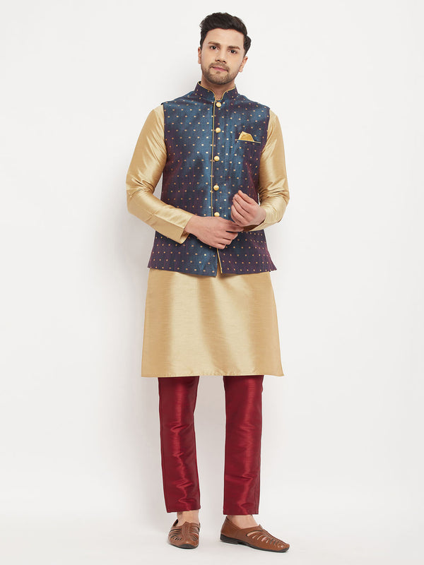 Men's Blue Zari Weaved Jacket With Kurta Pant Set