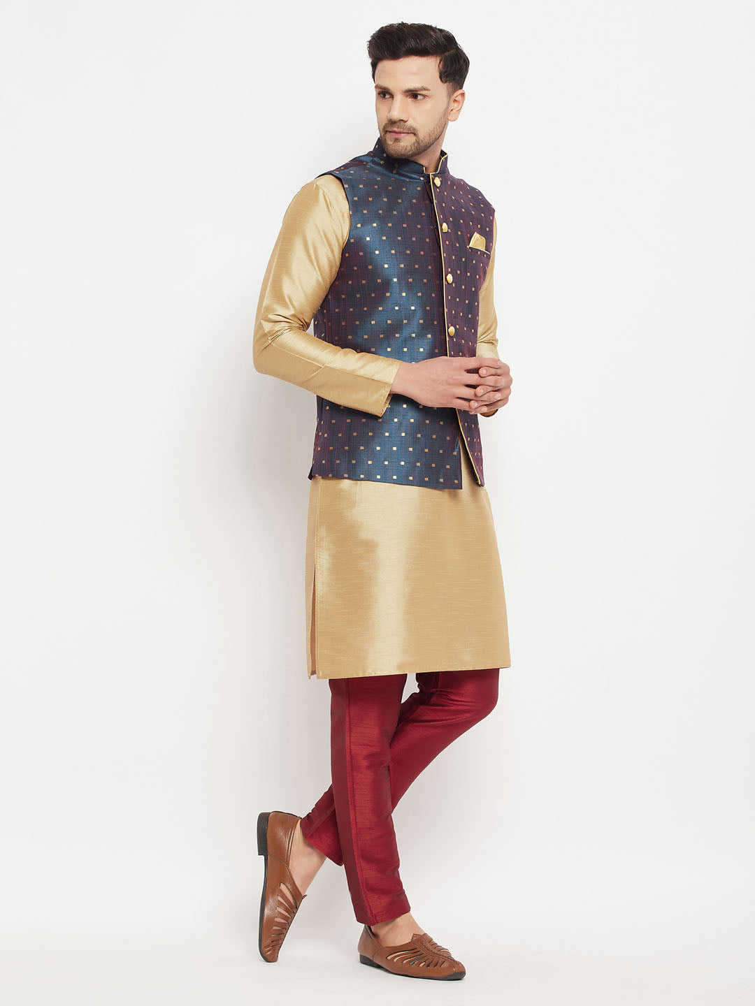 Men's Blue Zari Weaved Jacket With Kurta Pant Set