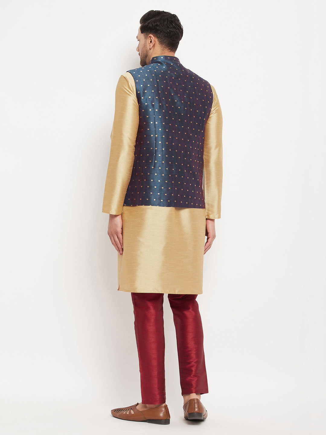 Men's Blue Zari Weaved Jacket With Kurta Pant Set