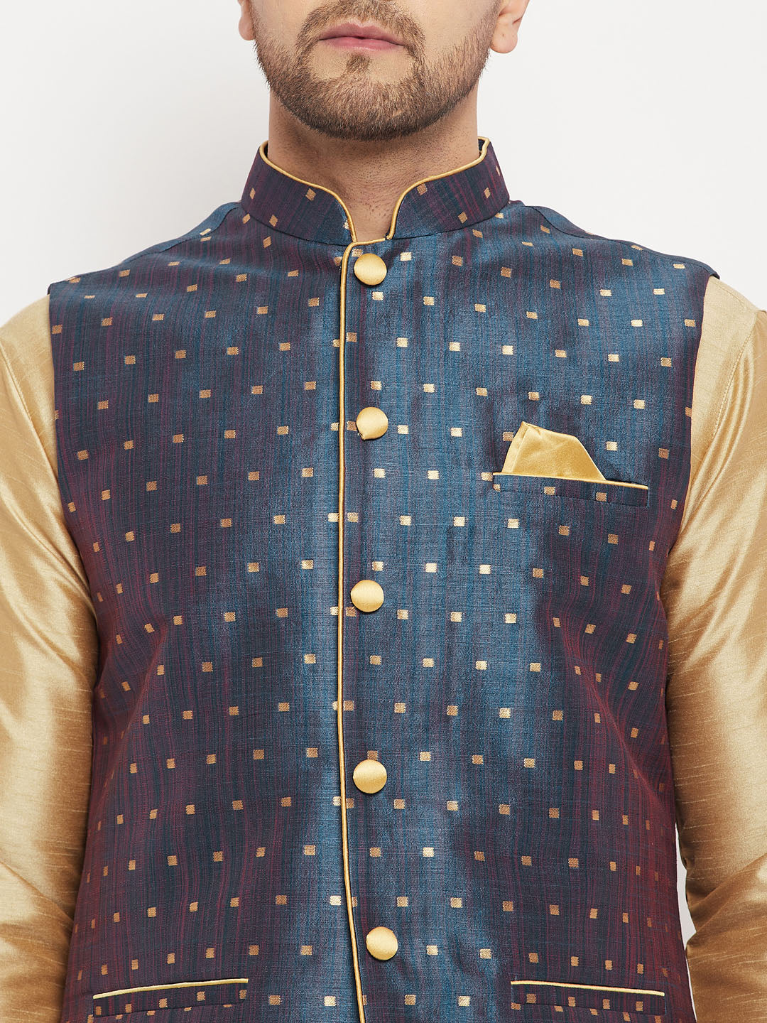 Men's Blue Zari Weaved Jacket With Kurta Pant Set