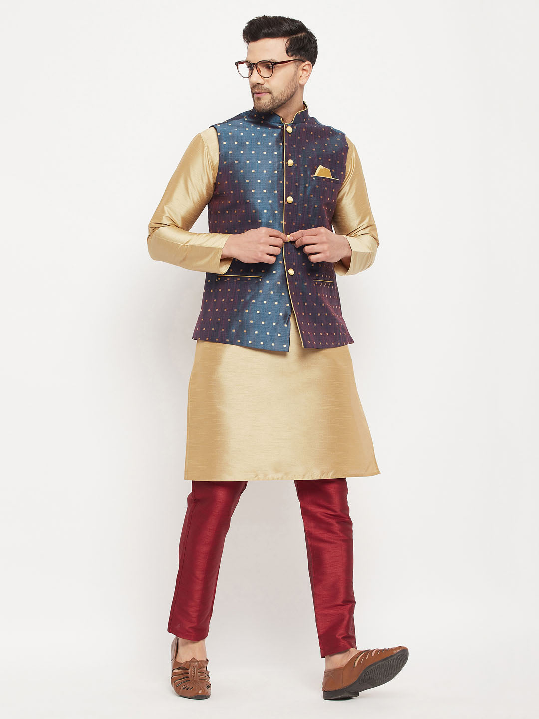 Men's Blue Zari Weaved Jacket With Kurta Pant Set