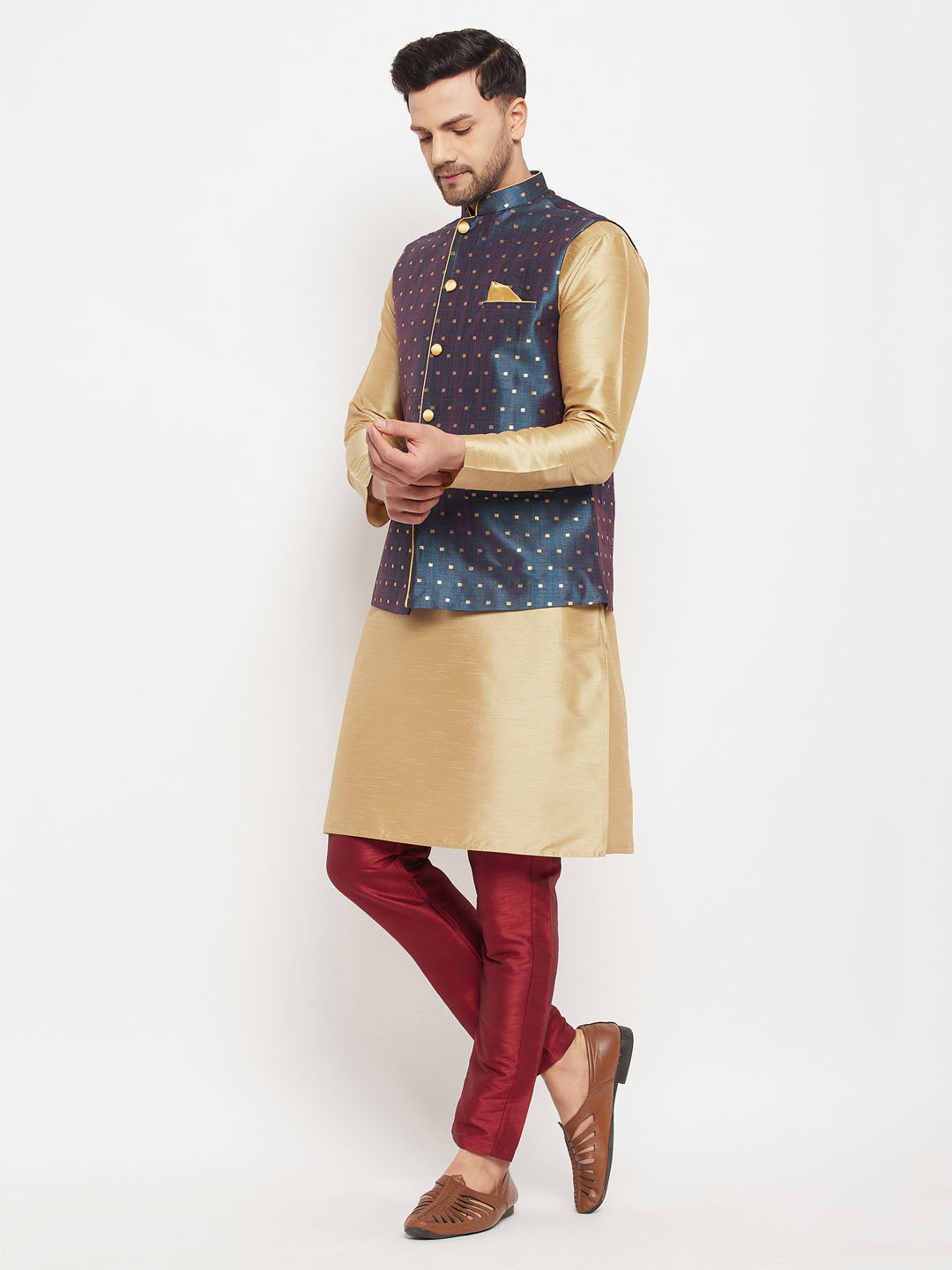 Men's Blue Zari Weaved Jacket With Kurta Pant Set