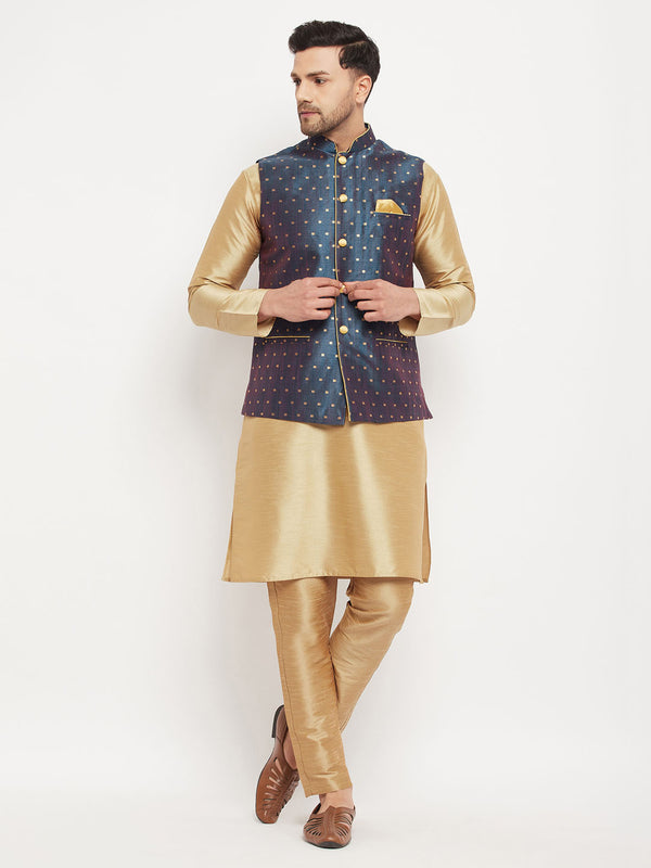 Men's Blue Zari Weaved Jacket With Kurta Pant Set
