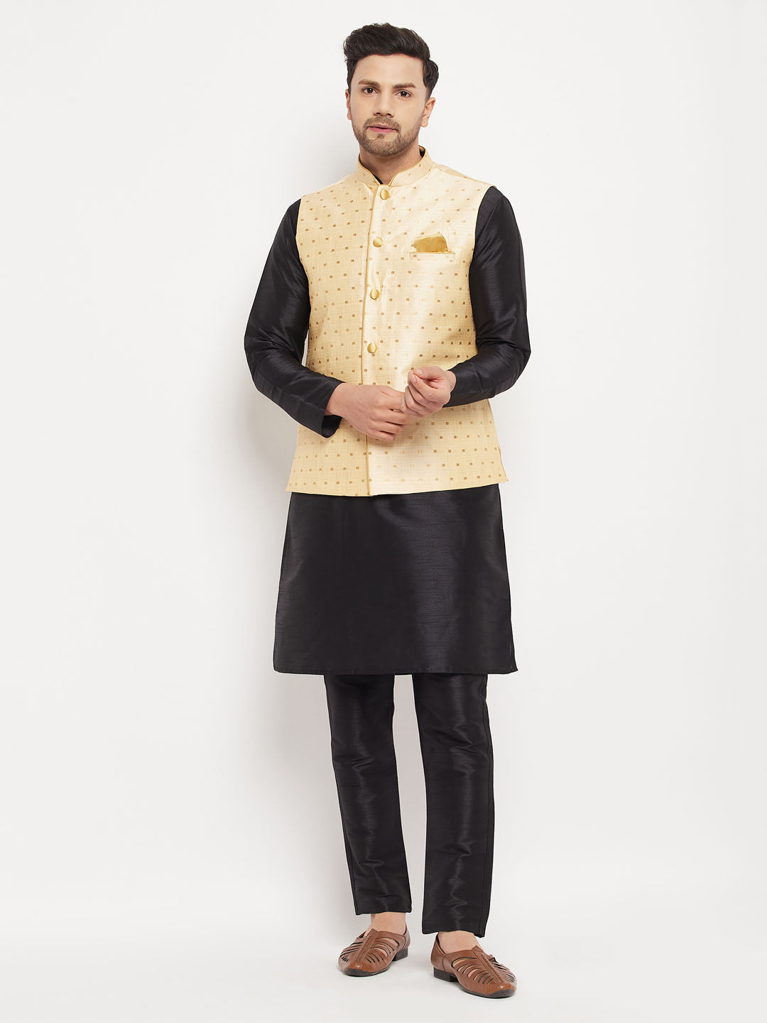 Men's Gold Zari Weaved Jacket With Kurta Pant Set