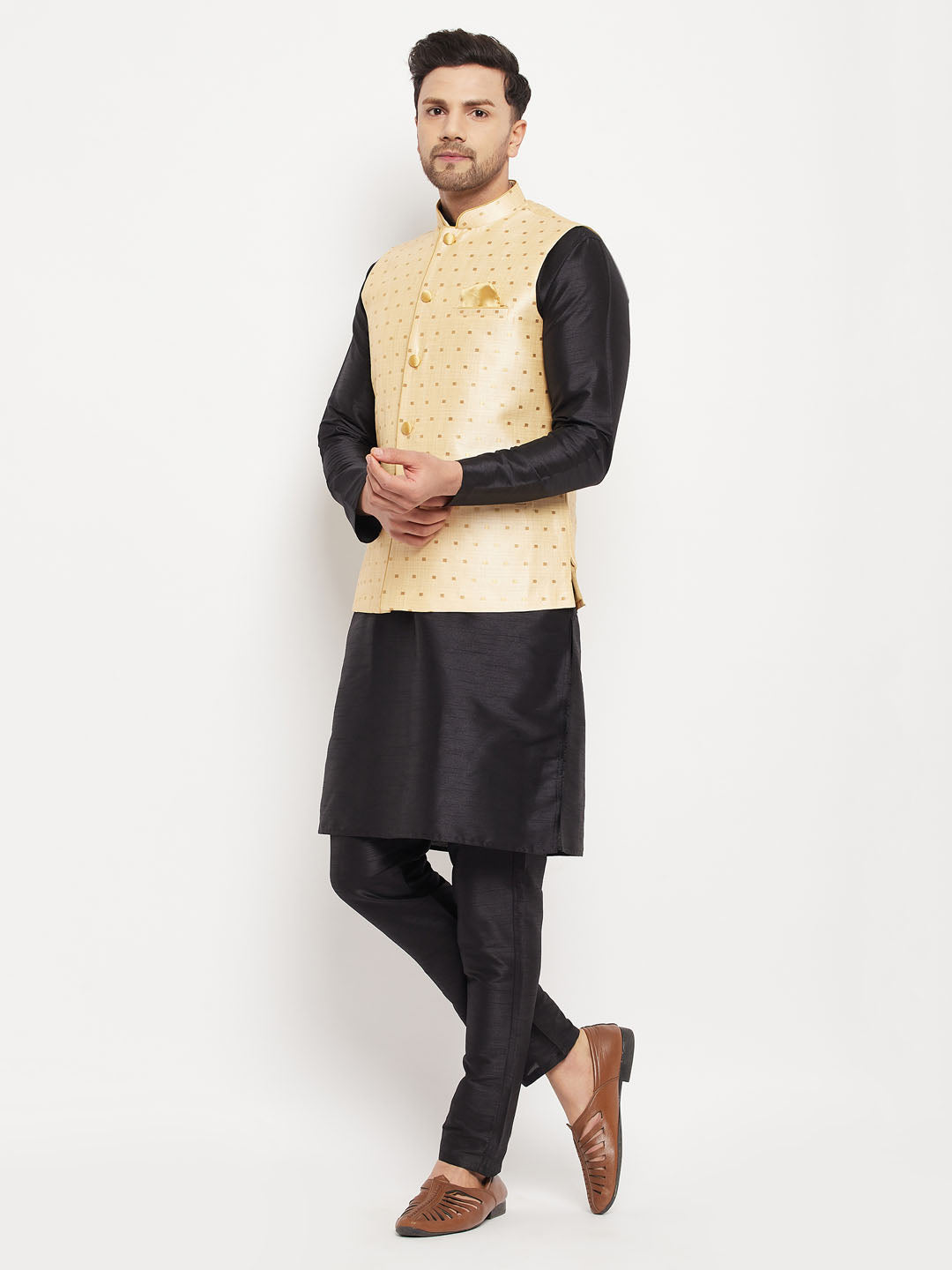 Men's Gold Zari Weaved Jacket With Kurta Pant Set
