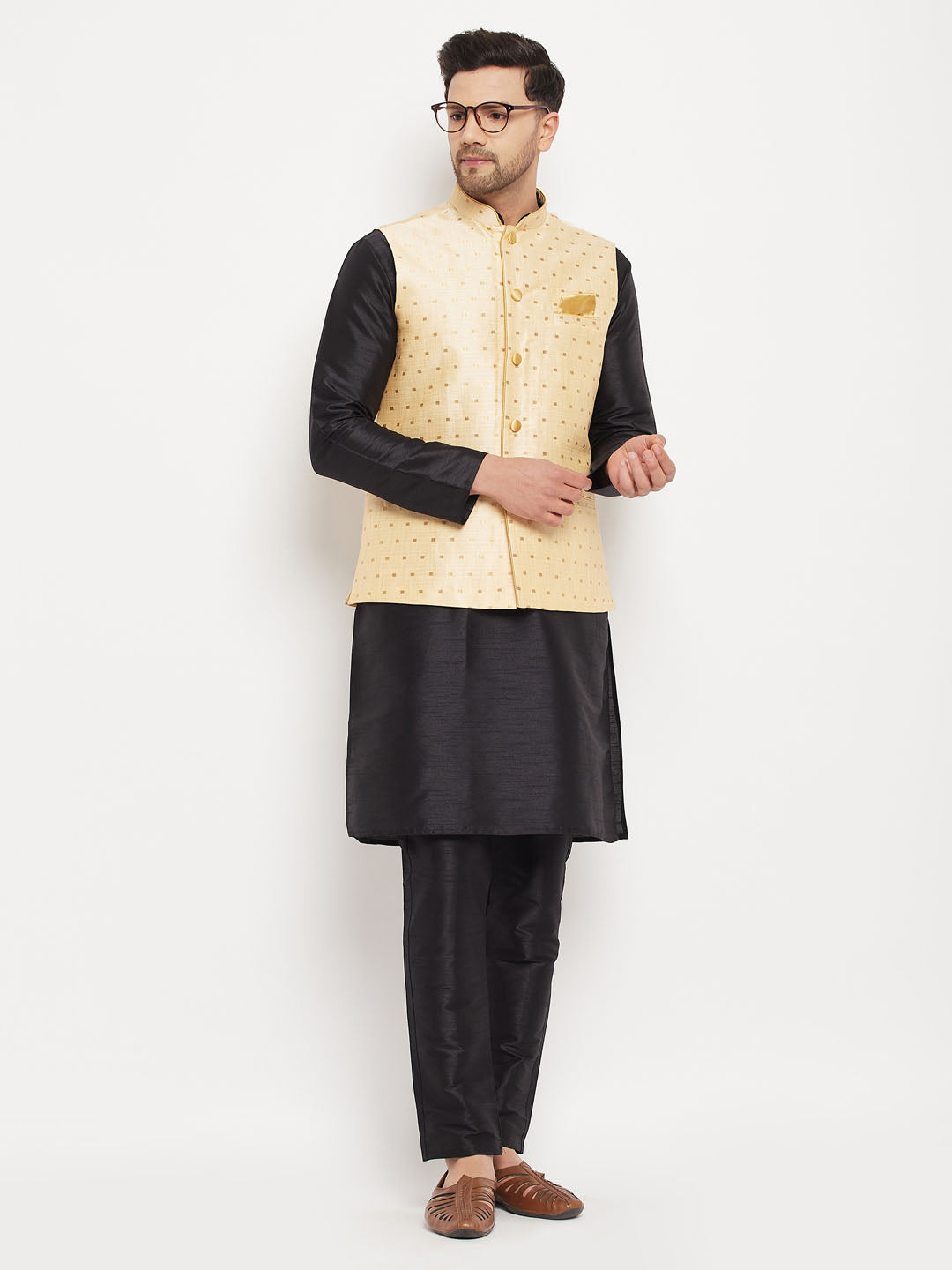 Men's Gold Zari Weaved Jacket With Kurta Pant Set