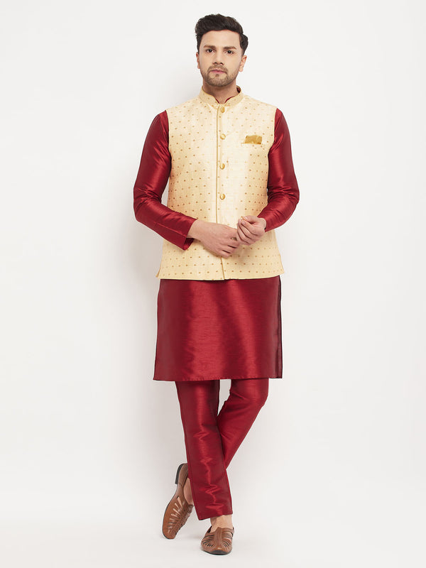 Men's Gold Zari Weaved Jacket With Kurta Pant Set