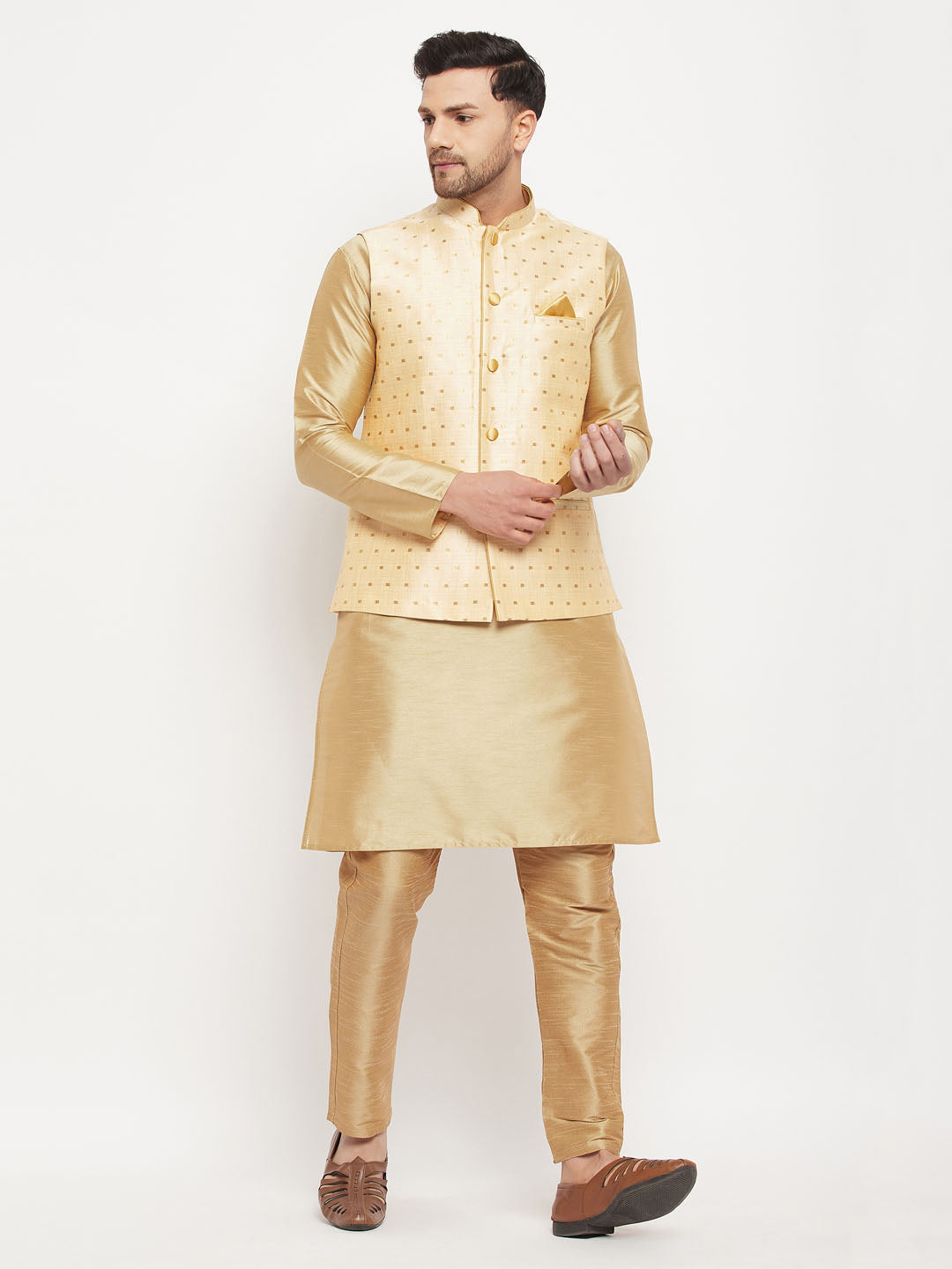 Men's Gold Zari Weaved Jacket With Kurta Pant Set