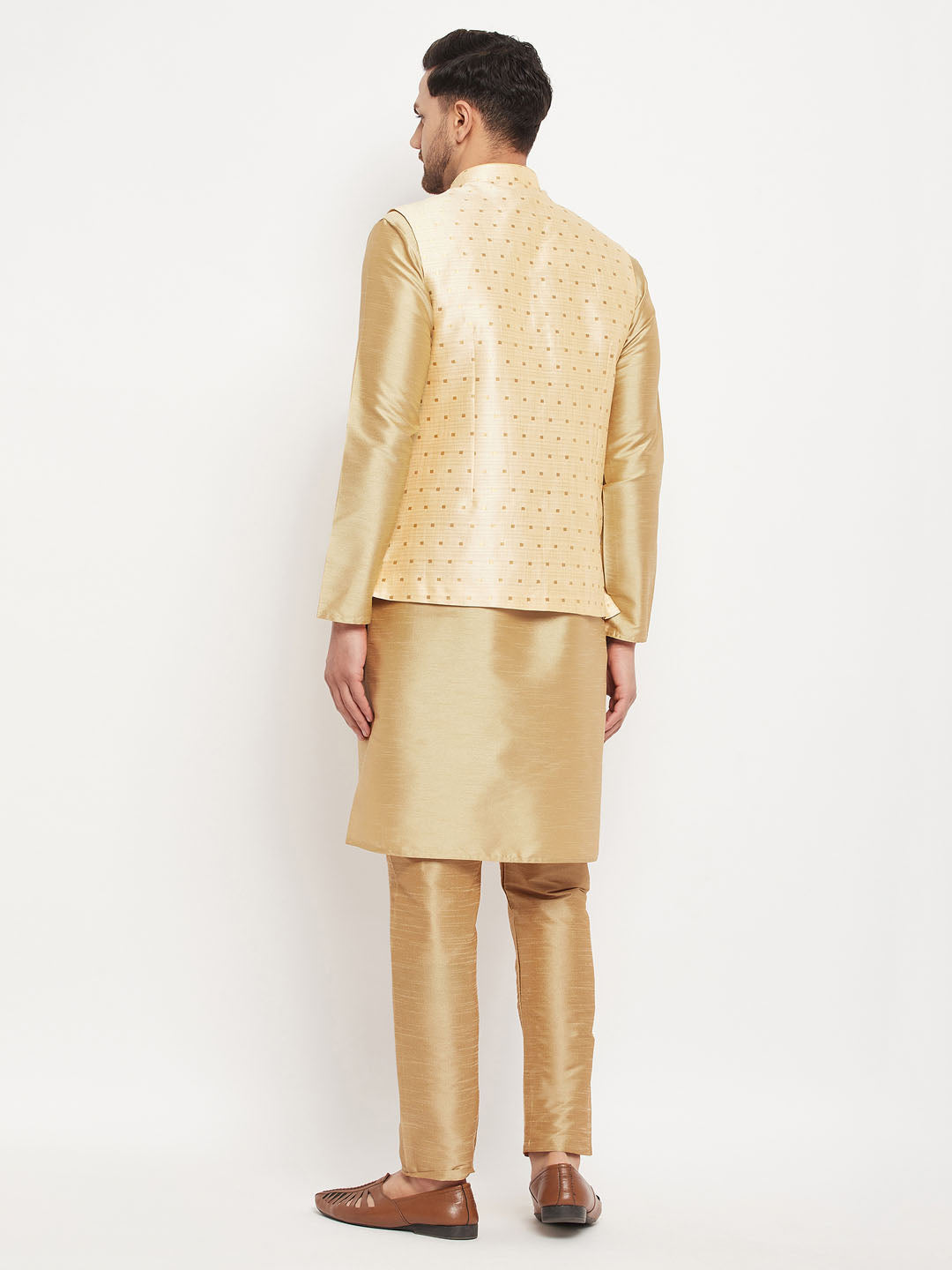 Men's Gold Zari Weaved Jacket With Kurta Pant Set