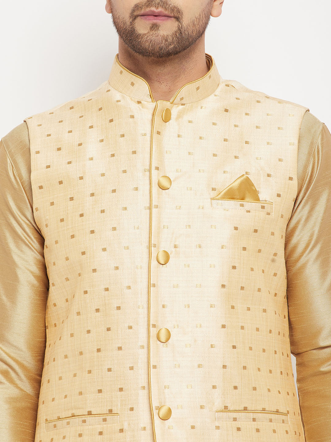 Men's Gold Zari Weaved Jacket With Kurta Pant Set