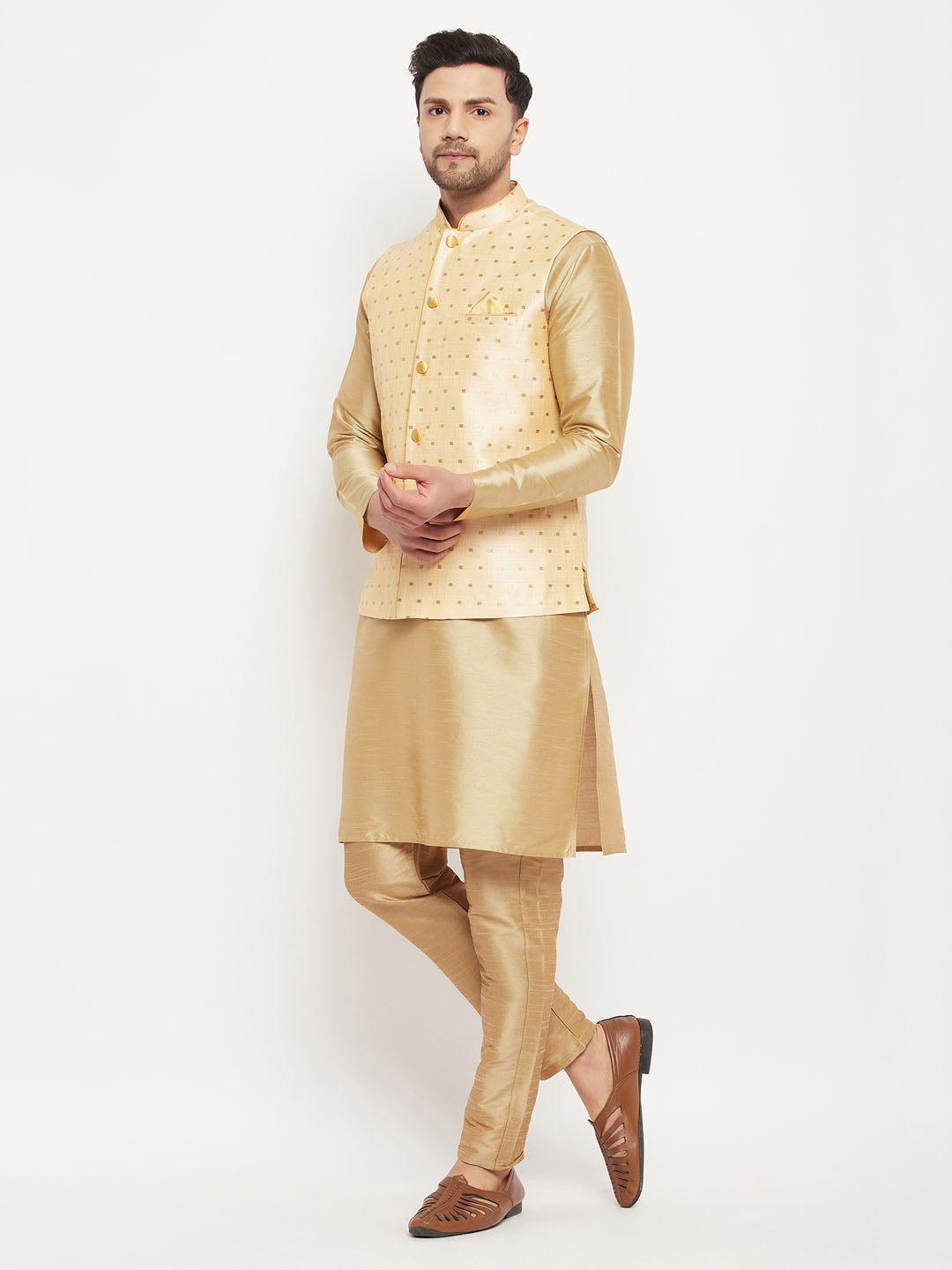 Men's Gold Zari Weaved Jacket With Kurta Pant Set