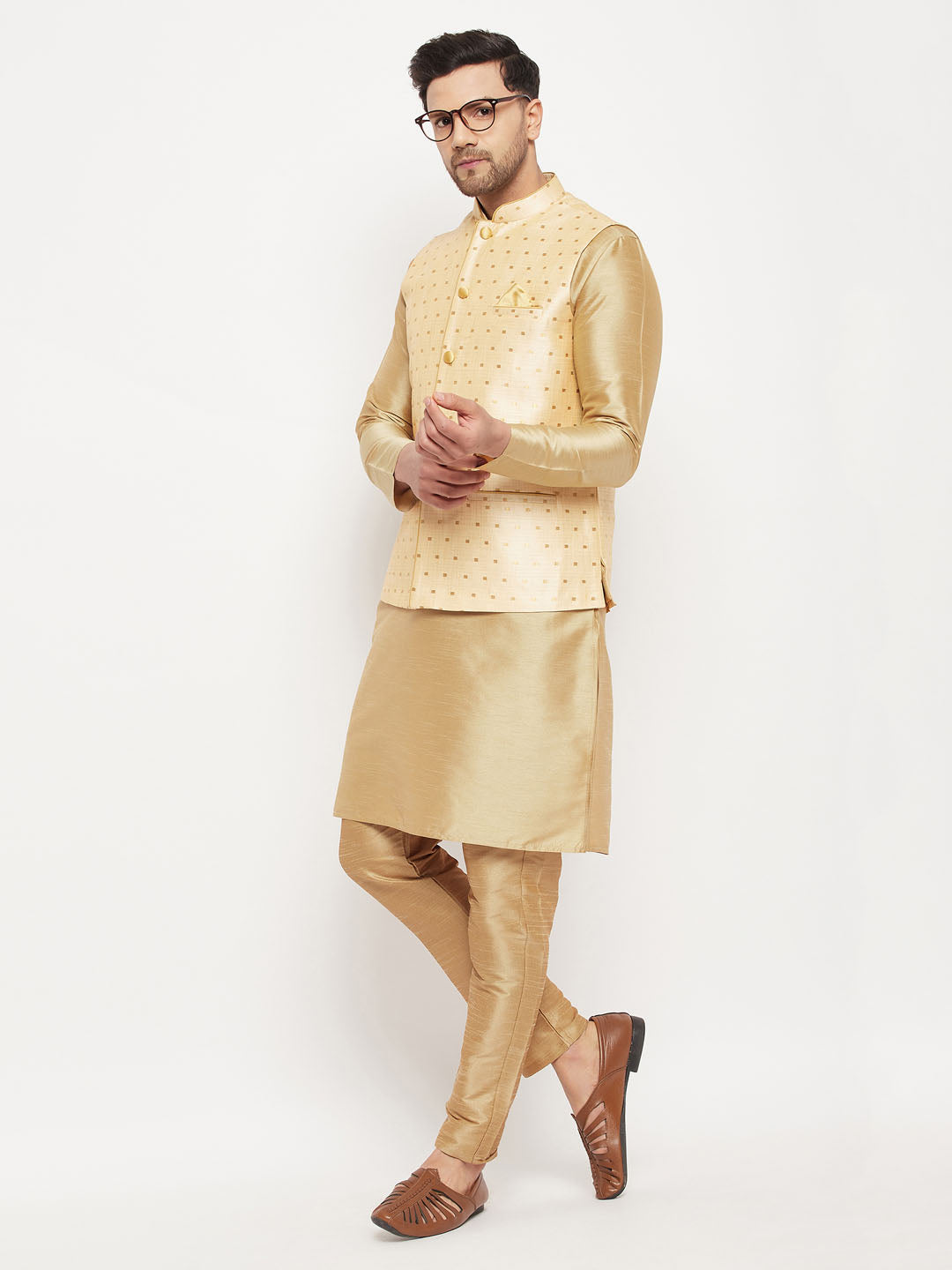 Men's Gold Zari Weaved Jacket With Kurta Pant Set