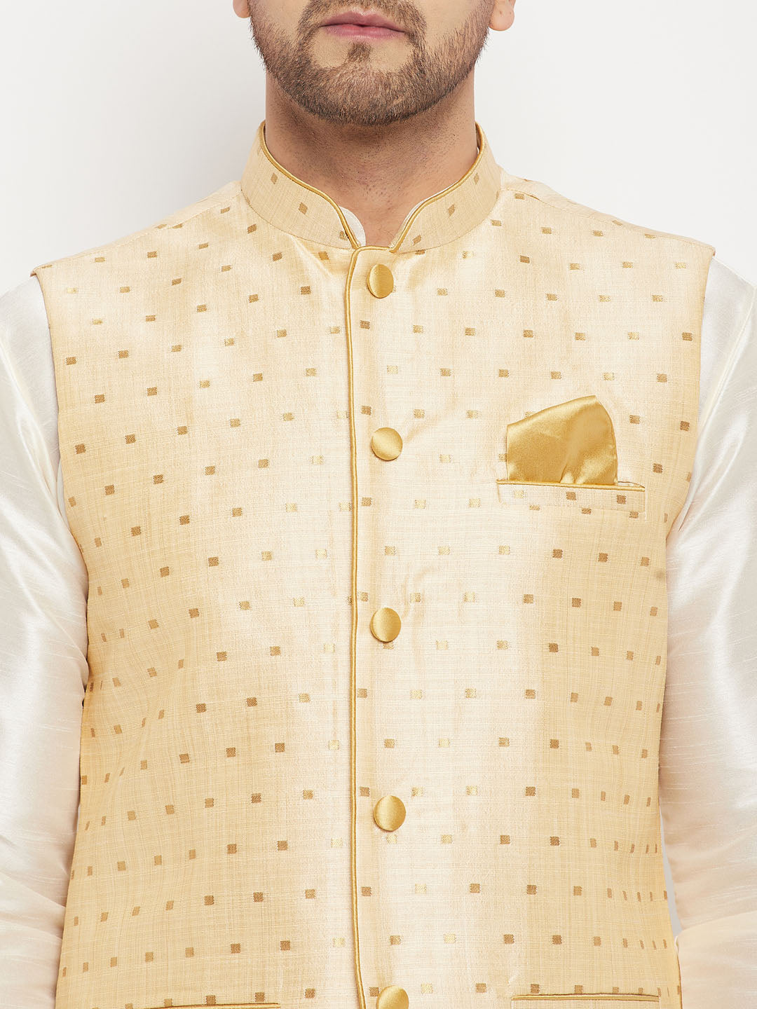 Men's Gold Zari Weaved Jacket With Kurta Pant Set