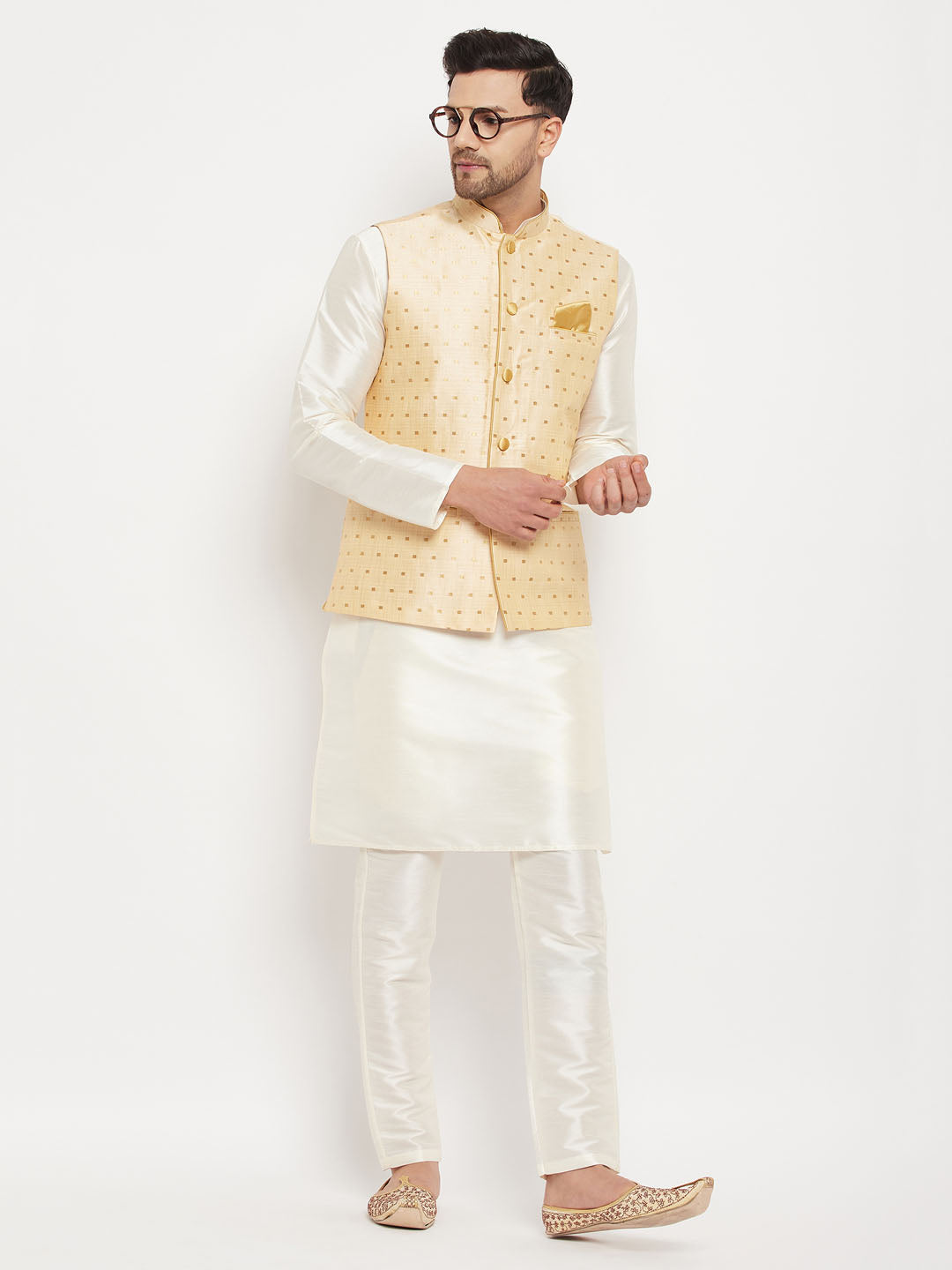 Men's Gold Zari Weaved Jacket With Kurta Pant Set