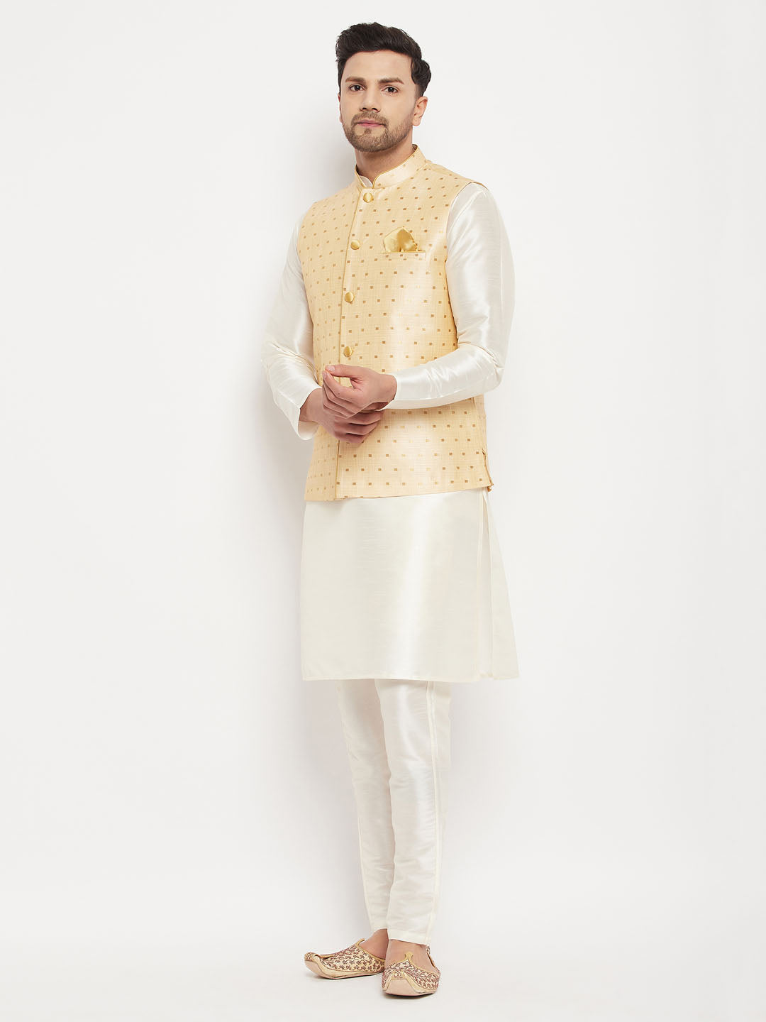 Men's Gold Zari Weaved Jacket With Kurta Pant Set