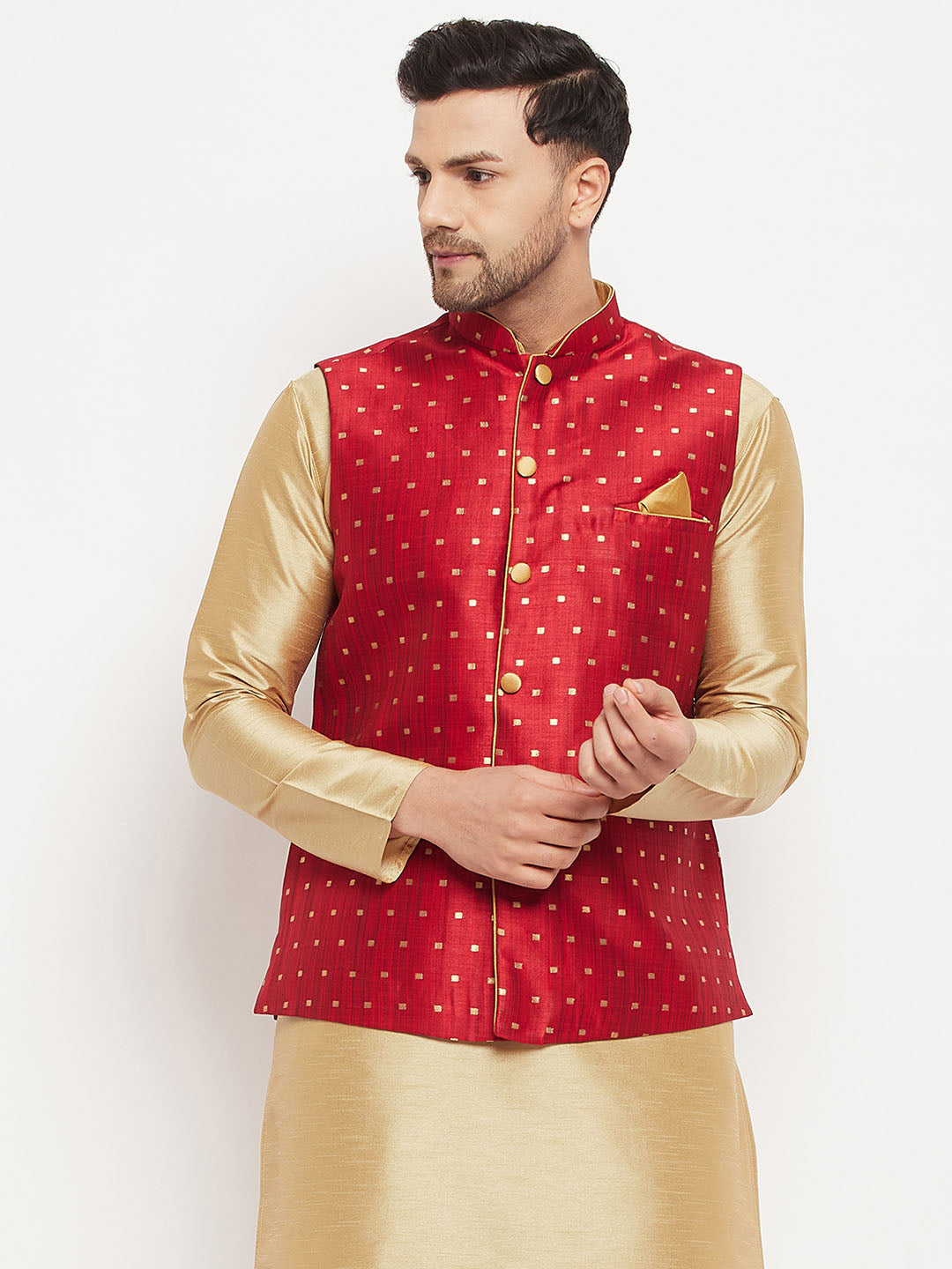 VASTRAMAY Men's Maroon Zari Weaved Jacket