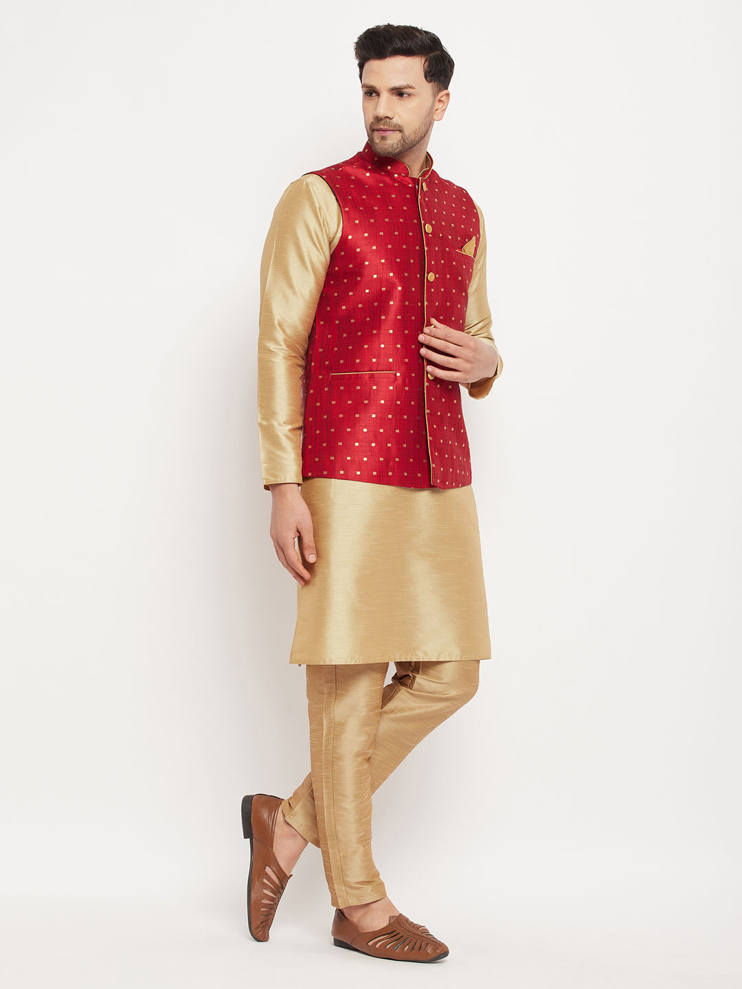 Men's Maroon Zari Weaved Jacket With Kurta Pant Set