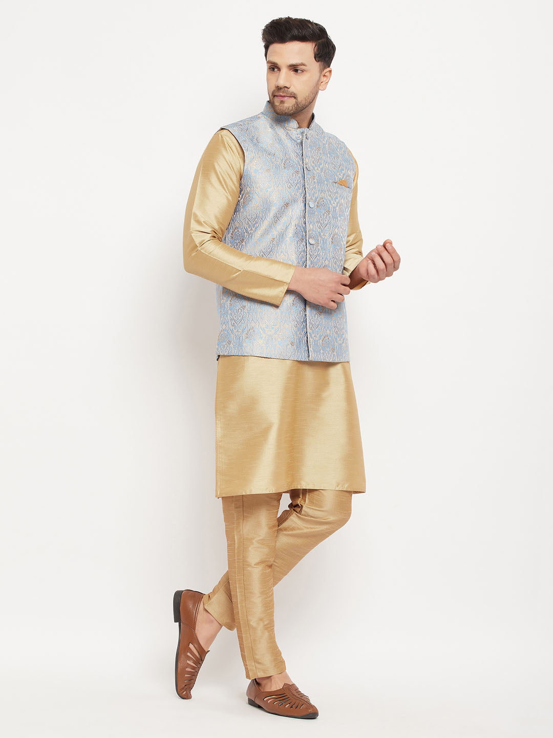 Men's Grey Jacquard Jacket With Kurta And Pant Set