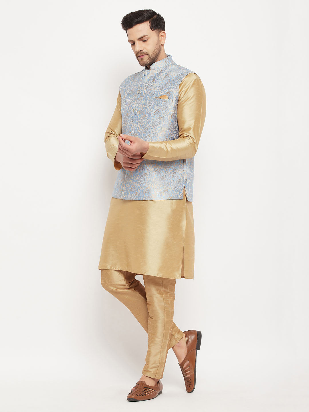 Men's Grey Jacquard Jacket With Kurta And Pant Set