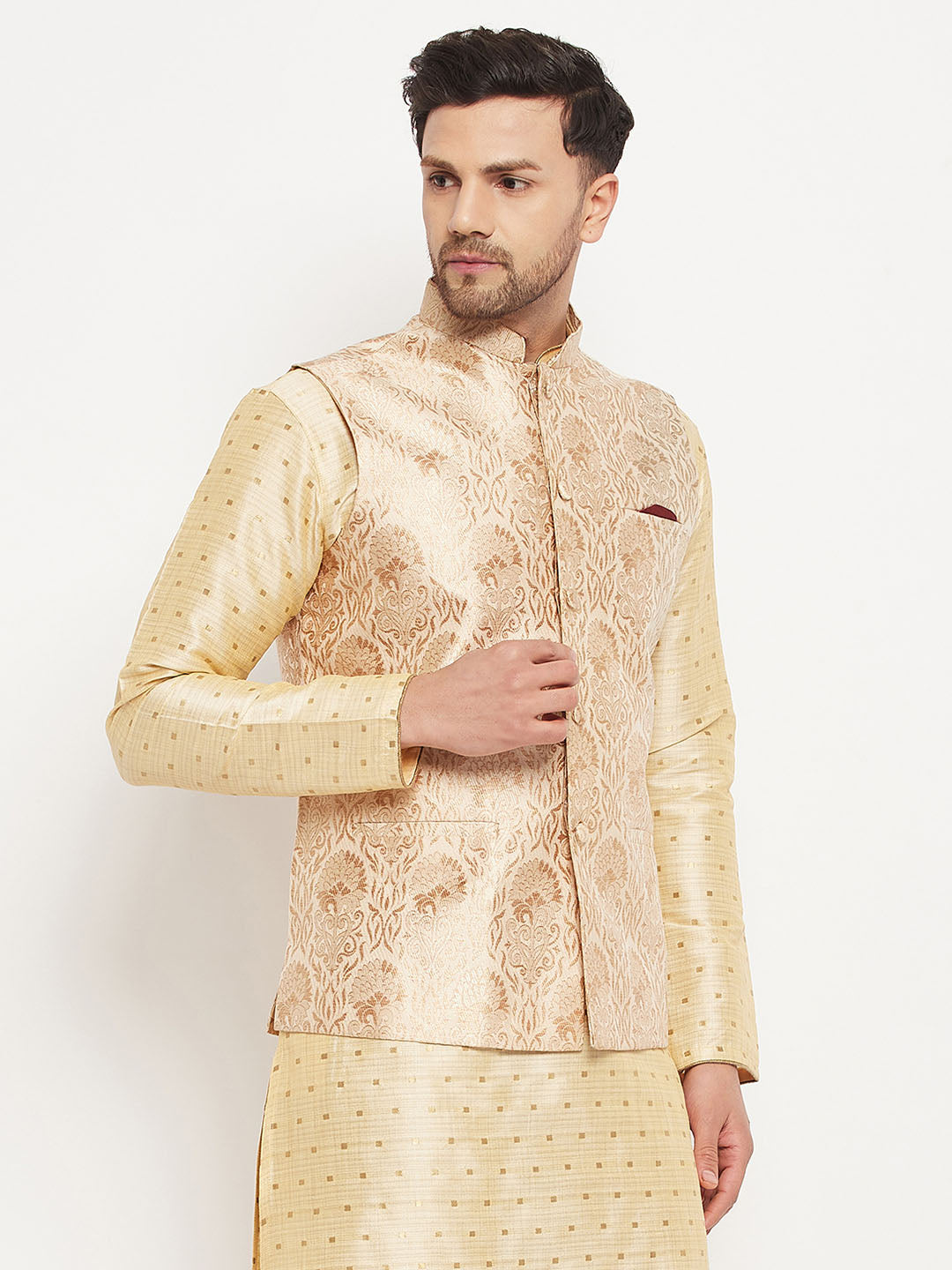 Men's Rose Gold Jacquard Nehru Jacket