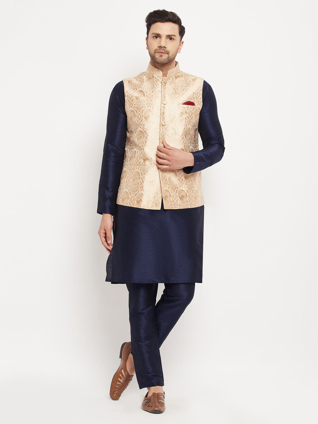 Men's Rose Gold Jacquard Jacket With Kurta And Pant Set