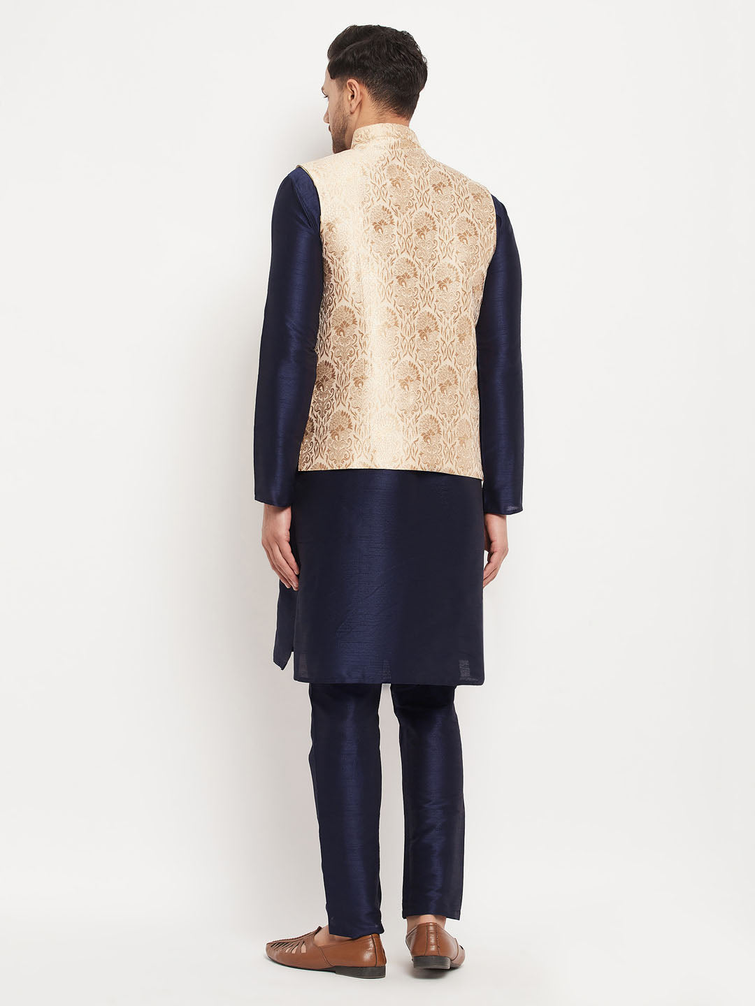 Men's Rose Gold Jacquard Jacket With Kurta And Pant Set