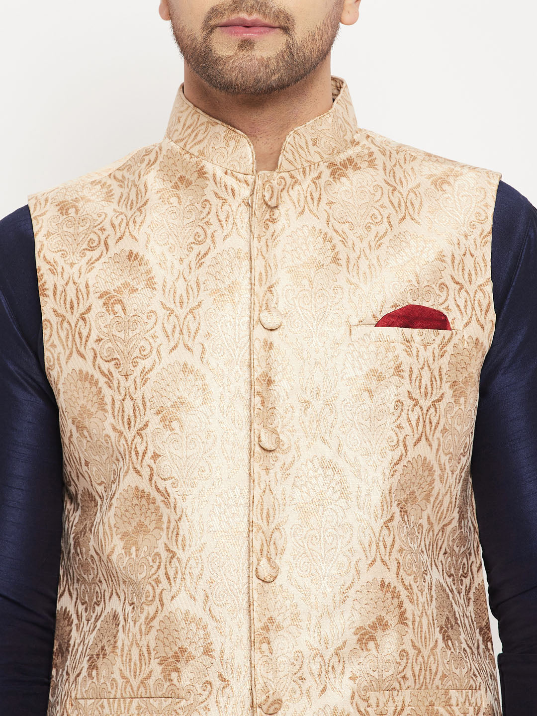 Men's Rose Gold Jacquard Jacket With Kurta And Pant Set