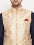 Men's Rose Gold Jacquard Jacket With Kurta And Pant Set