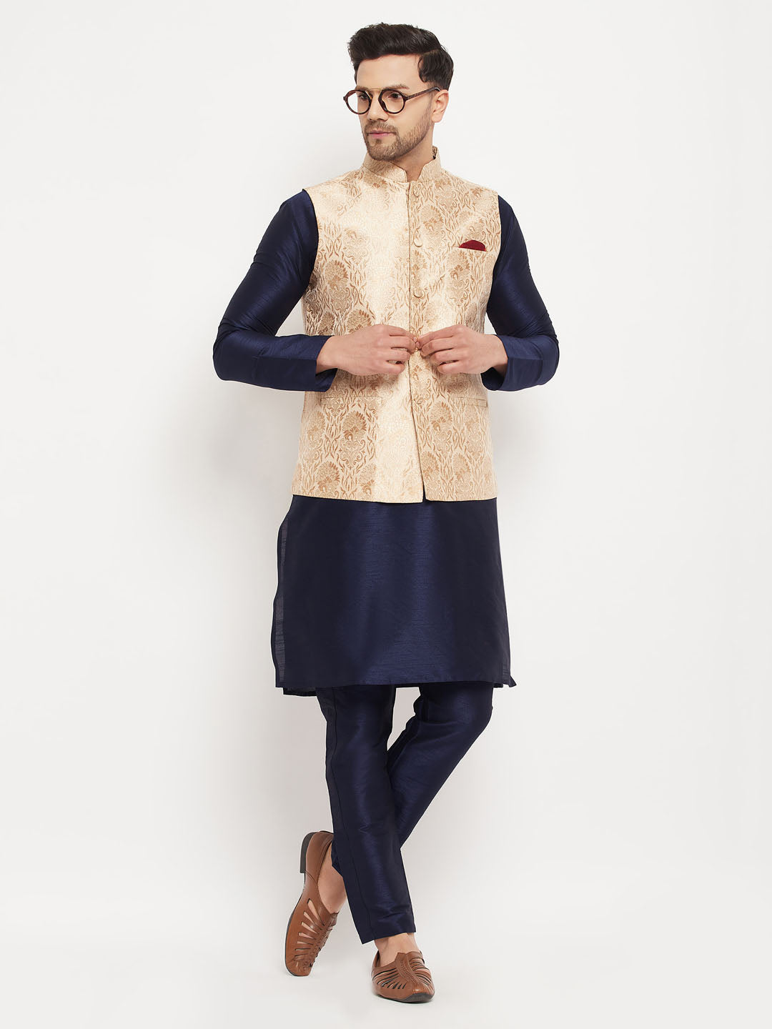 Men's Rose Gold Jacquard Jacket With Kurta And Pant Set