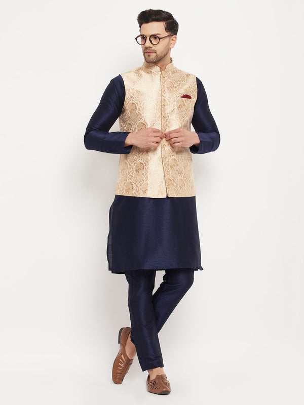 Men's Rose Gold Jacquard Jacket With Kurta And Pant Set