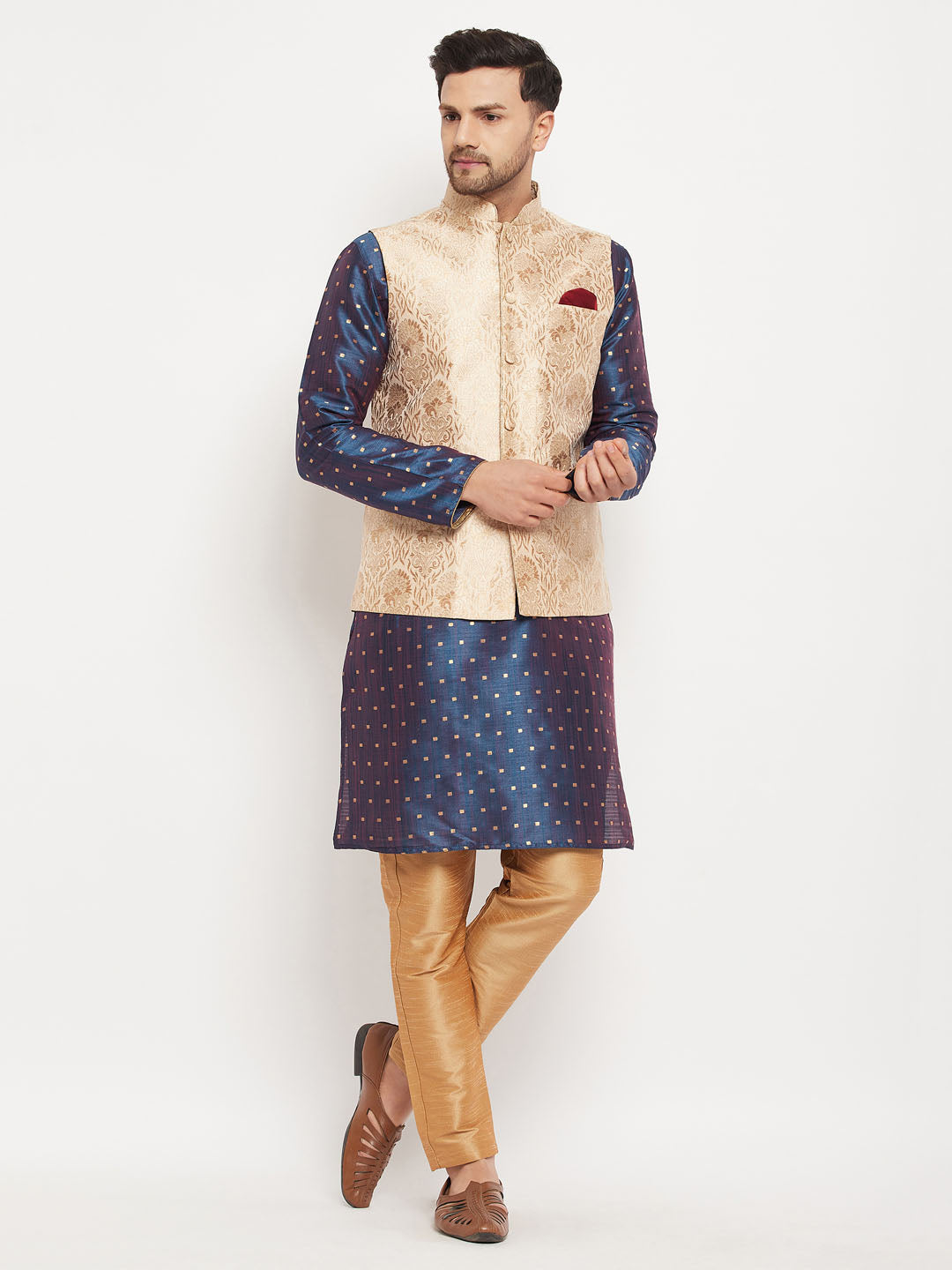 Men's Rose Gold Jacquard Jacket With Kurta And Pant Set