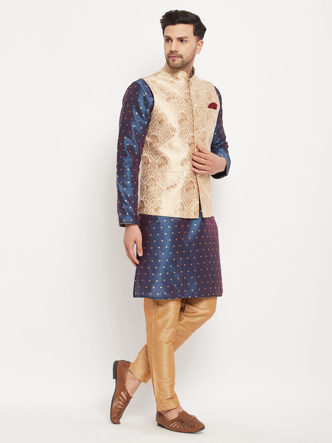 Men's Rose Gold Jacquard Jacket With Kurta And Pant Set