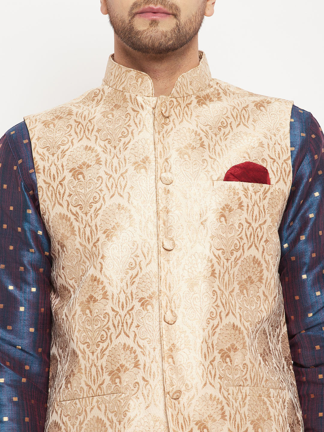 Men's Rose Gold Jacquard Jacket With Kurta And Pant Set