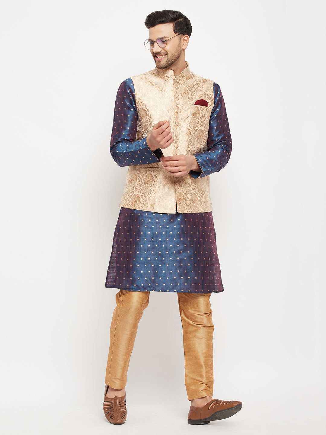 Men's Rose Gold Jacquard Jacket With Kurta And Pant Set