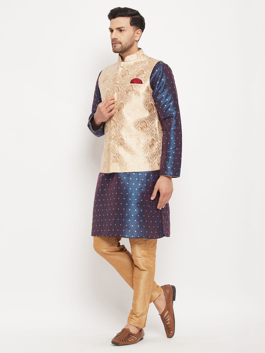 Men's Rose Gold Jacquard Jacket With Kurta And Pant Set