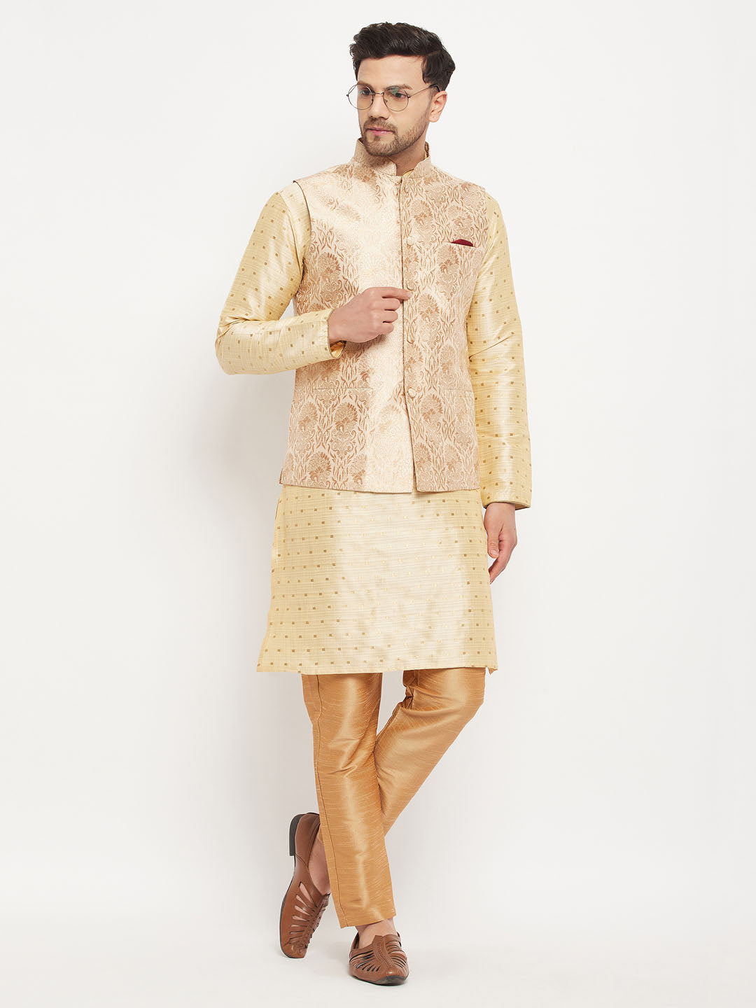 Men's Rose Gold Jacquard Jacket With Kurta And Pant Set