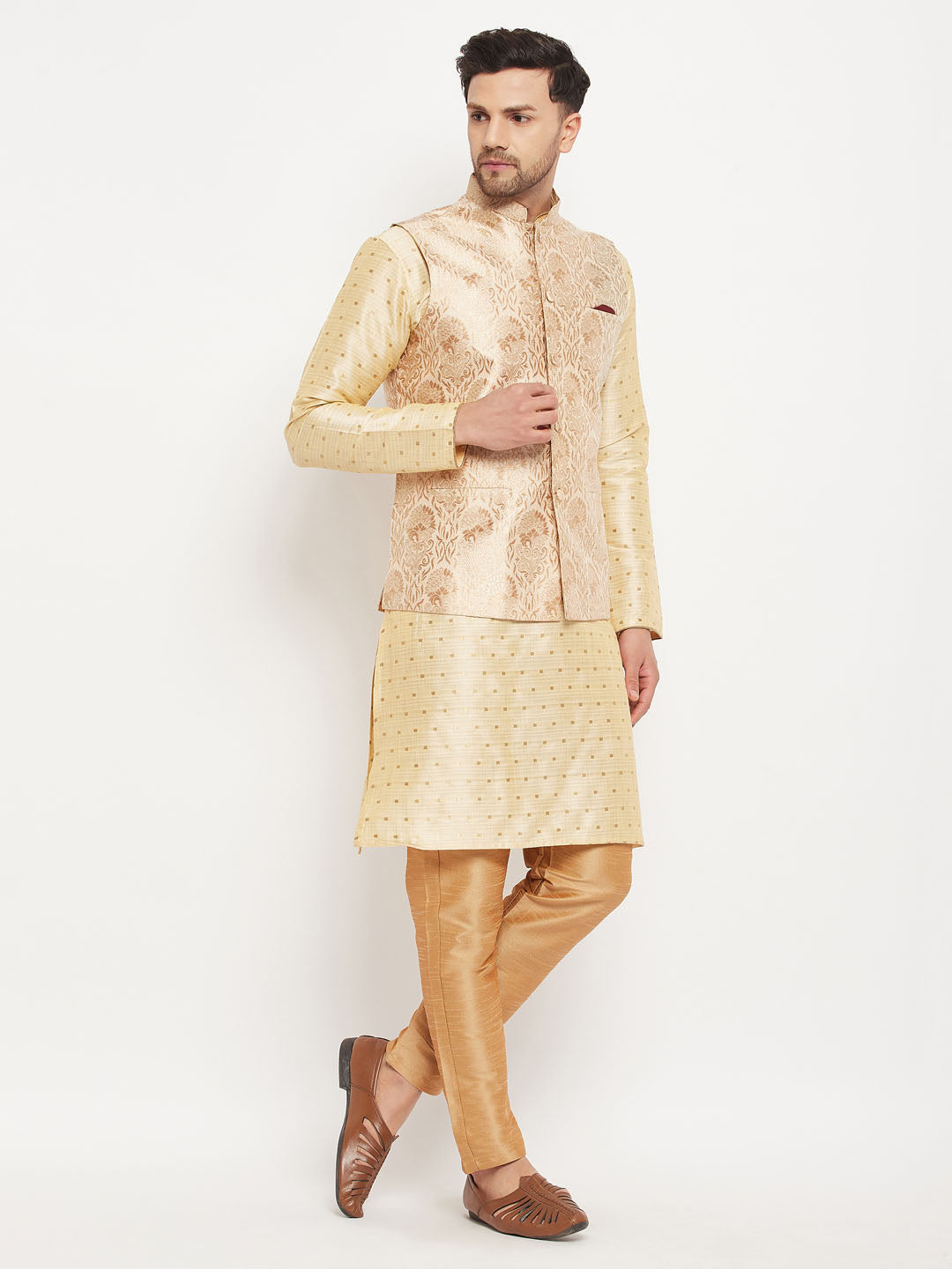 Men's Rose Gold Jacquard Jacket With Kurta And Pant Set