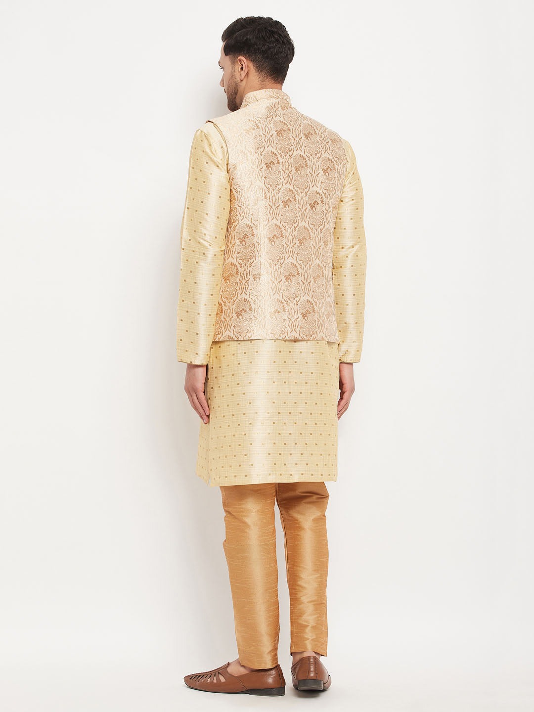 Men's Rose Gold Jacquard Jacket With Kurta And Pant Set