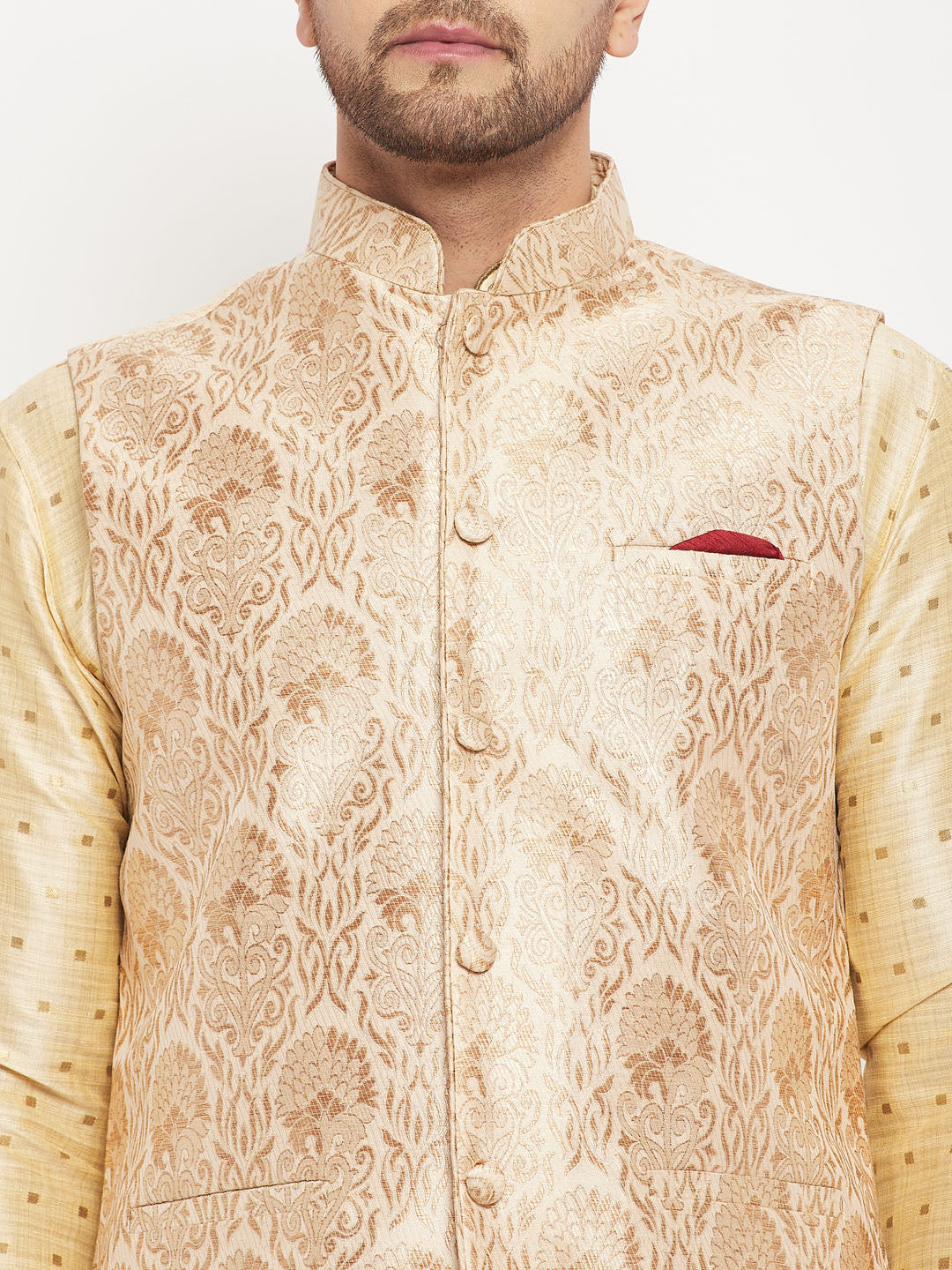 Men's Rose Gold Jacquard Jacket With Kurta And Pant Set