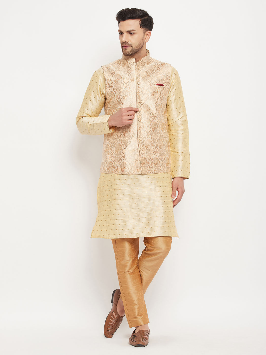 Men's Rose Gold Jacquard Jacket With Kurta And Pant Set
