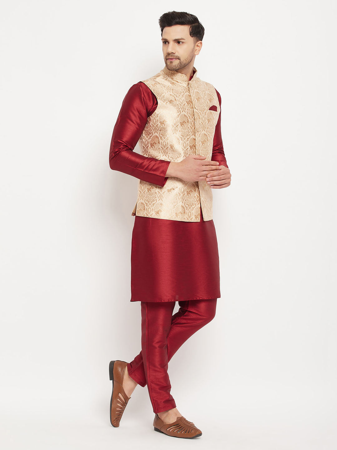 Men's Rose Gold Jacquard Jacket With Kurta And Pant Set