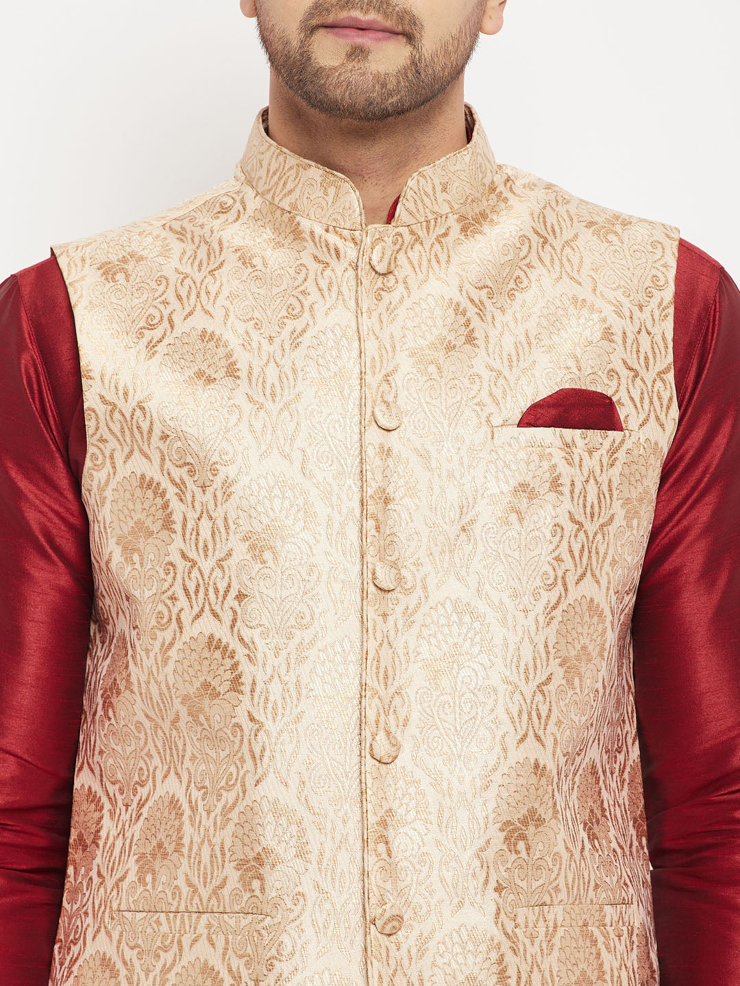Men's Rose Gold Jacquard Jacket With Kurta And Pant Set