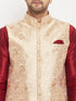 Men's Rose Gold Jacquard Jacket With Kurta And Pant Set